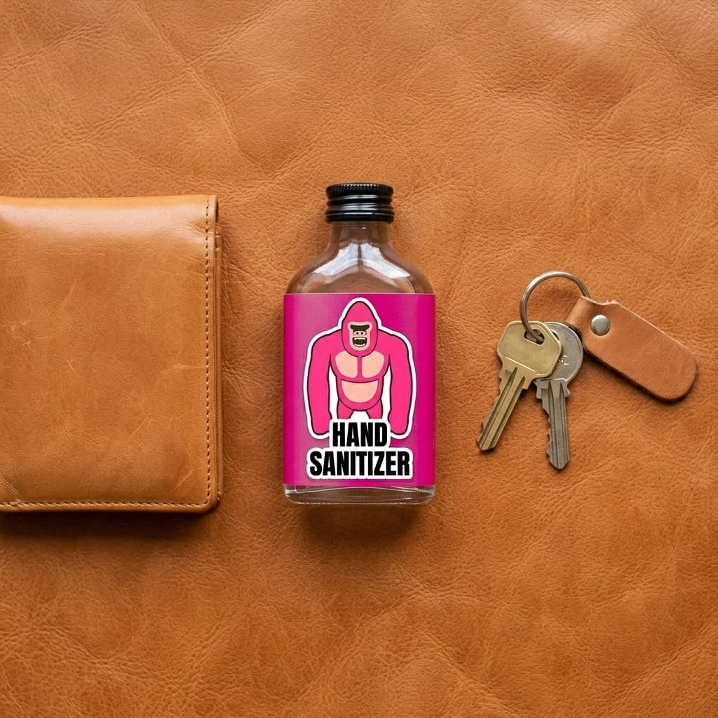 PYNK GORILLA sanitizer laid out on tan leather beside a wallet and keys